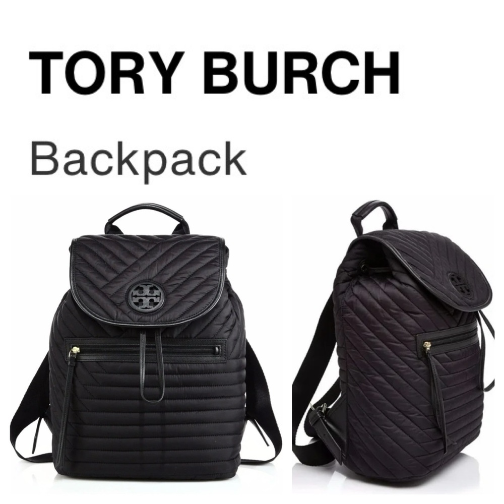 TORY BURCH ELLA Medium Black Quilted Nylon Backpack With Gold Hardware